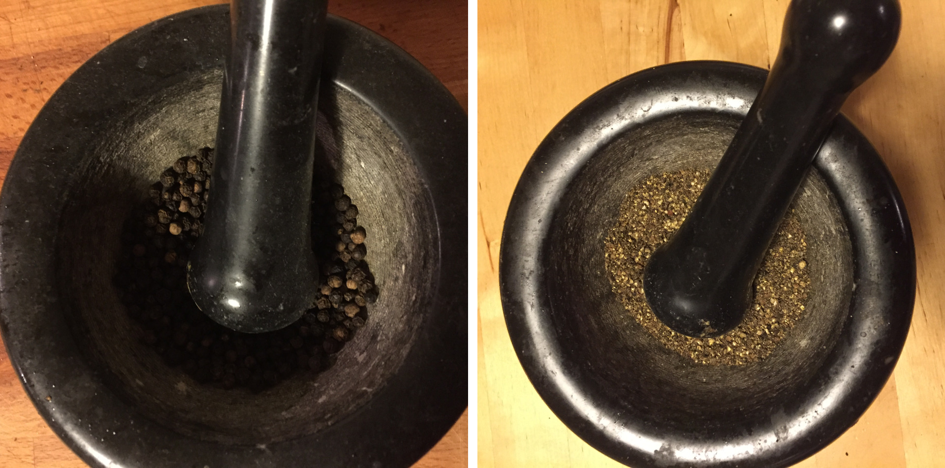 Crunching the pepper with a mortar and pestle