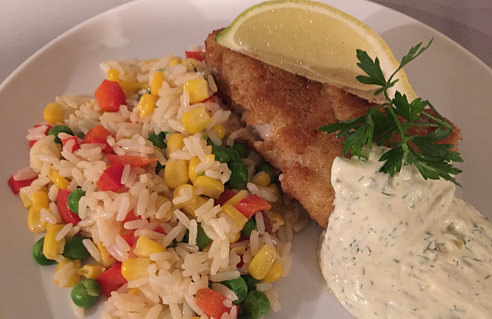 Cod In Breadcrumbs With Vegetable Rice and Remoulade à la Nordsee